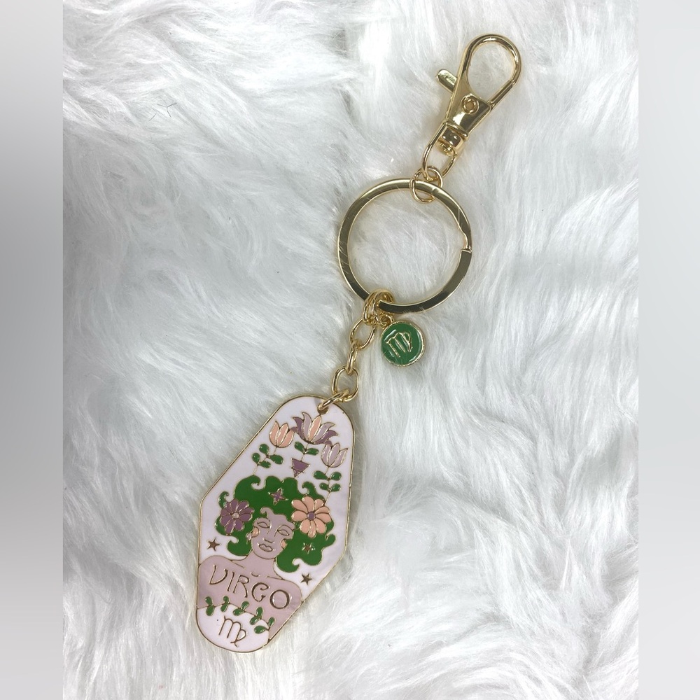 Gold Virgo Keychain with Green Accents